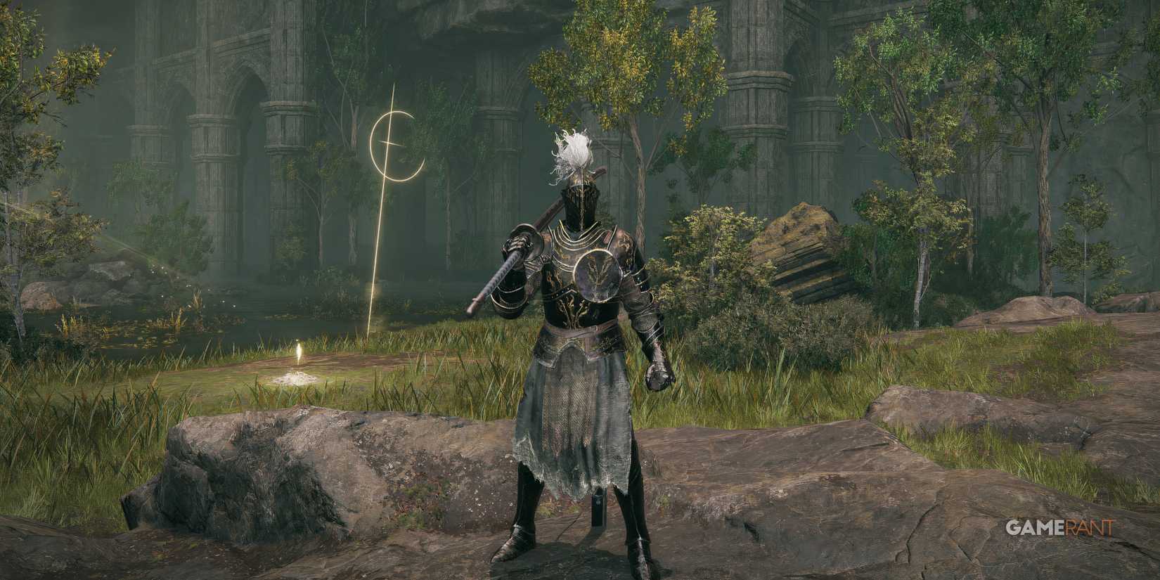 Elden Ring: 13 Best Armor For Poise Builds player wears black knight armor near a site of grace