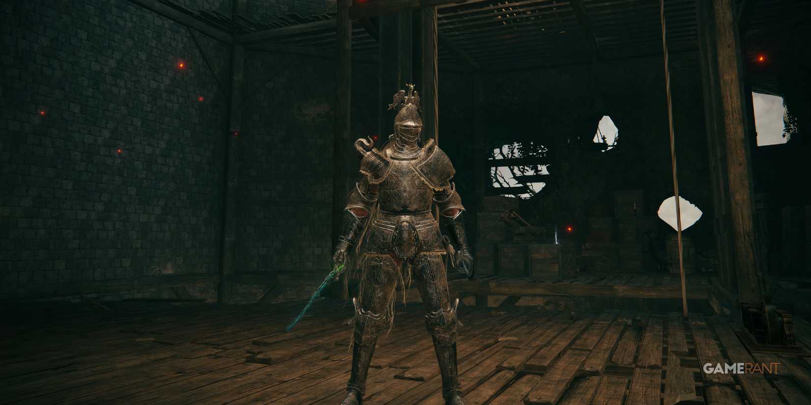 Elden Ring: 13 Best Armor For Poise Builds PLayer wears the Banished Knight armor in Stormveil Castle