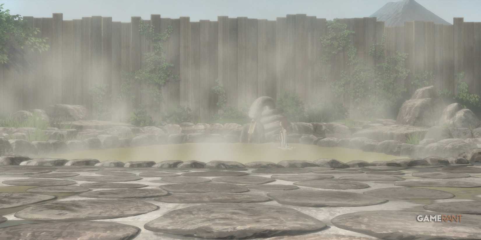 Momo stands inside a hot spring in Dandadan.