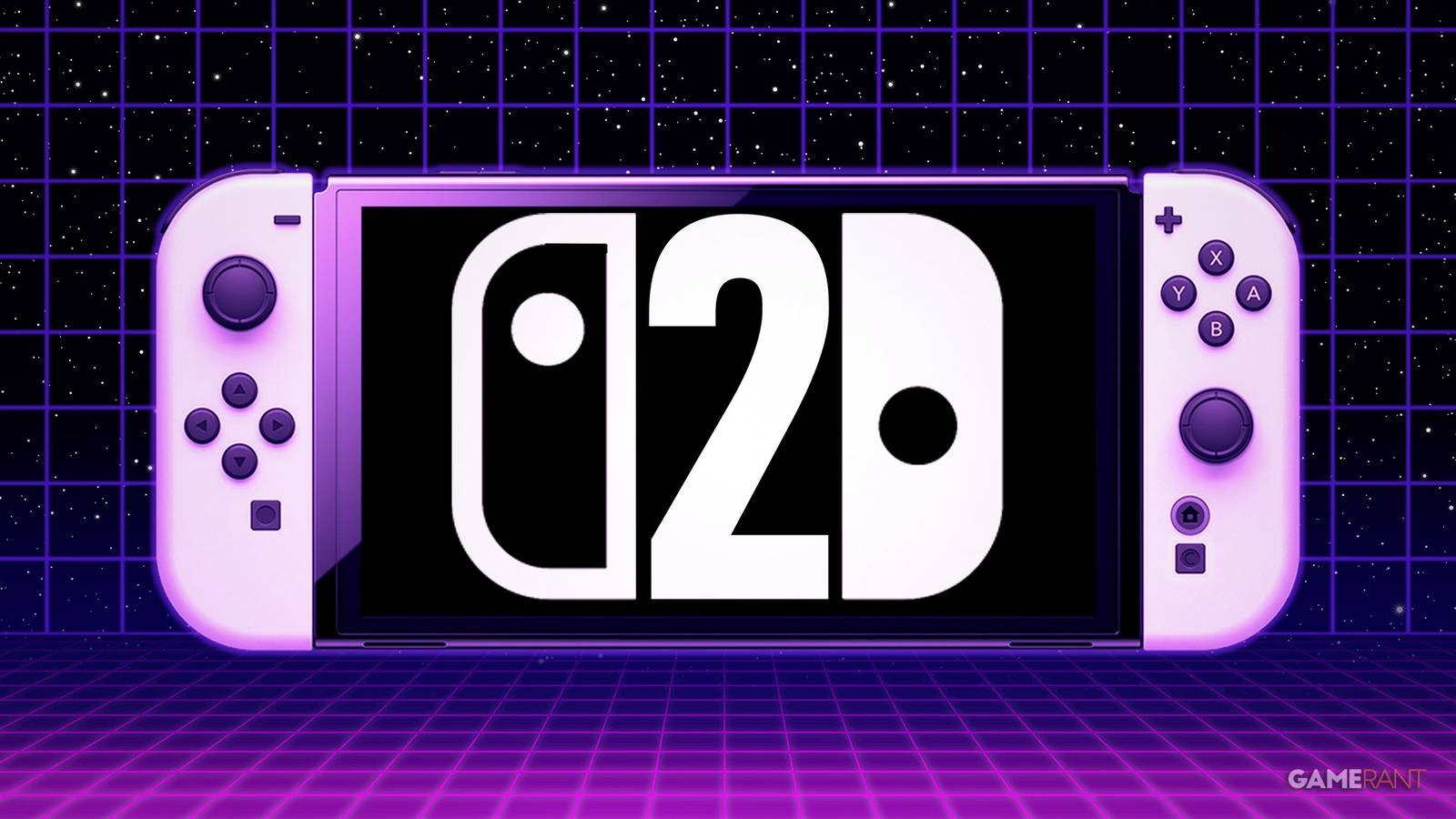 Nintendo Switch 2 mockup on vaporwave purple background 2x1 composite