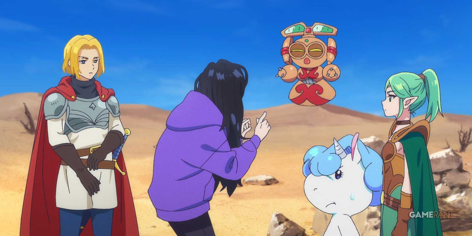 Hirose praises anime characters that she thinks are cosplayers while out in a desert of ruins in Zenshu.