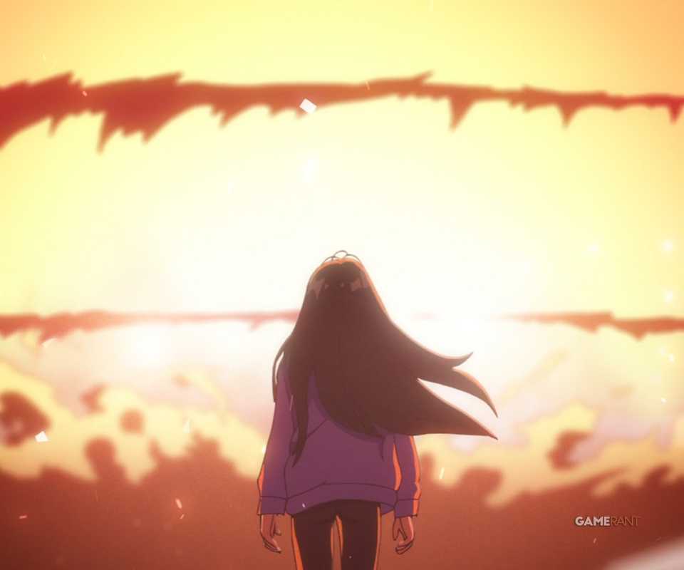 Hirose witnesses an explosion of paper after defeating a horde of void monsters in Zenshu.