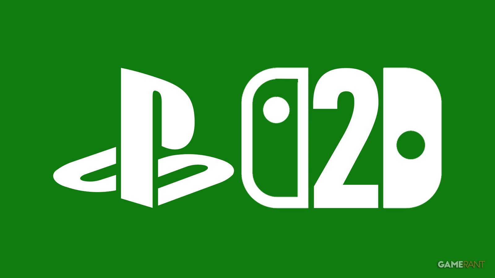 PlayStation and mockup Nintendo Switch 2 logos white on Xbox green background