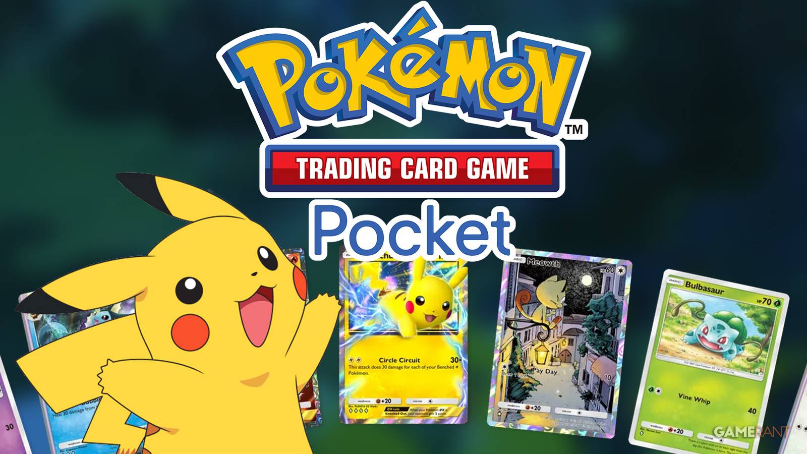 Pokemon TCG Pocket logo next to Pikachu and some cards