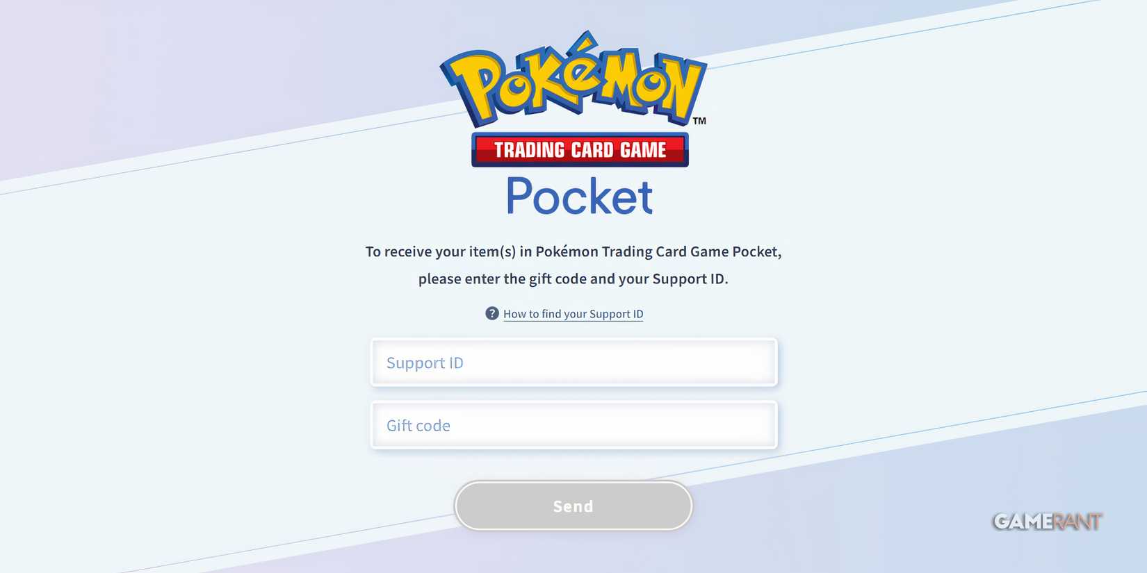 the webpage for redeeming gift codes in pokemon tcg pocket.