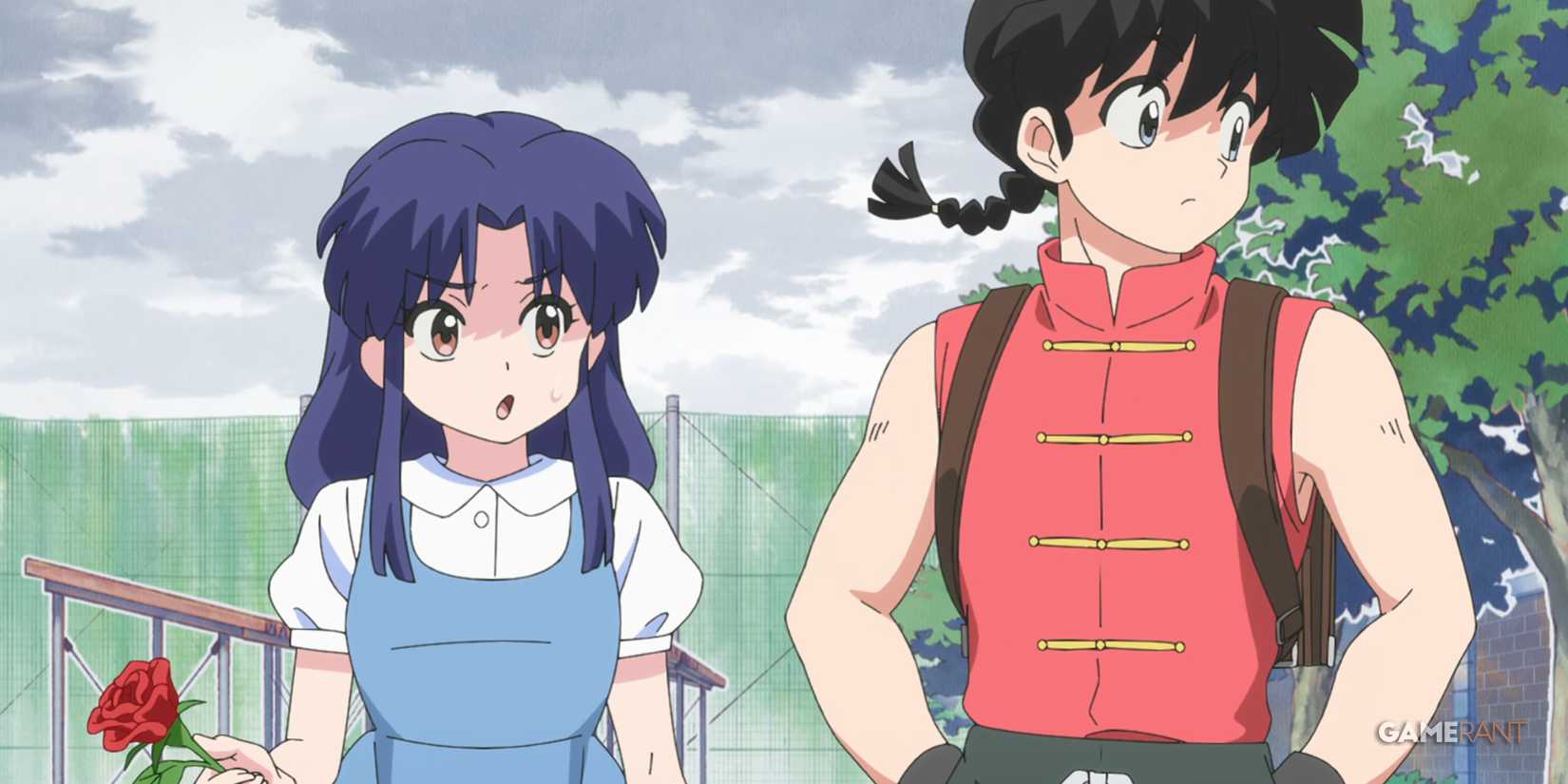 Akane chats with Ranma while the two walk home from school in Ranma 1/2.