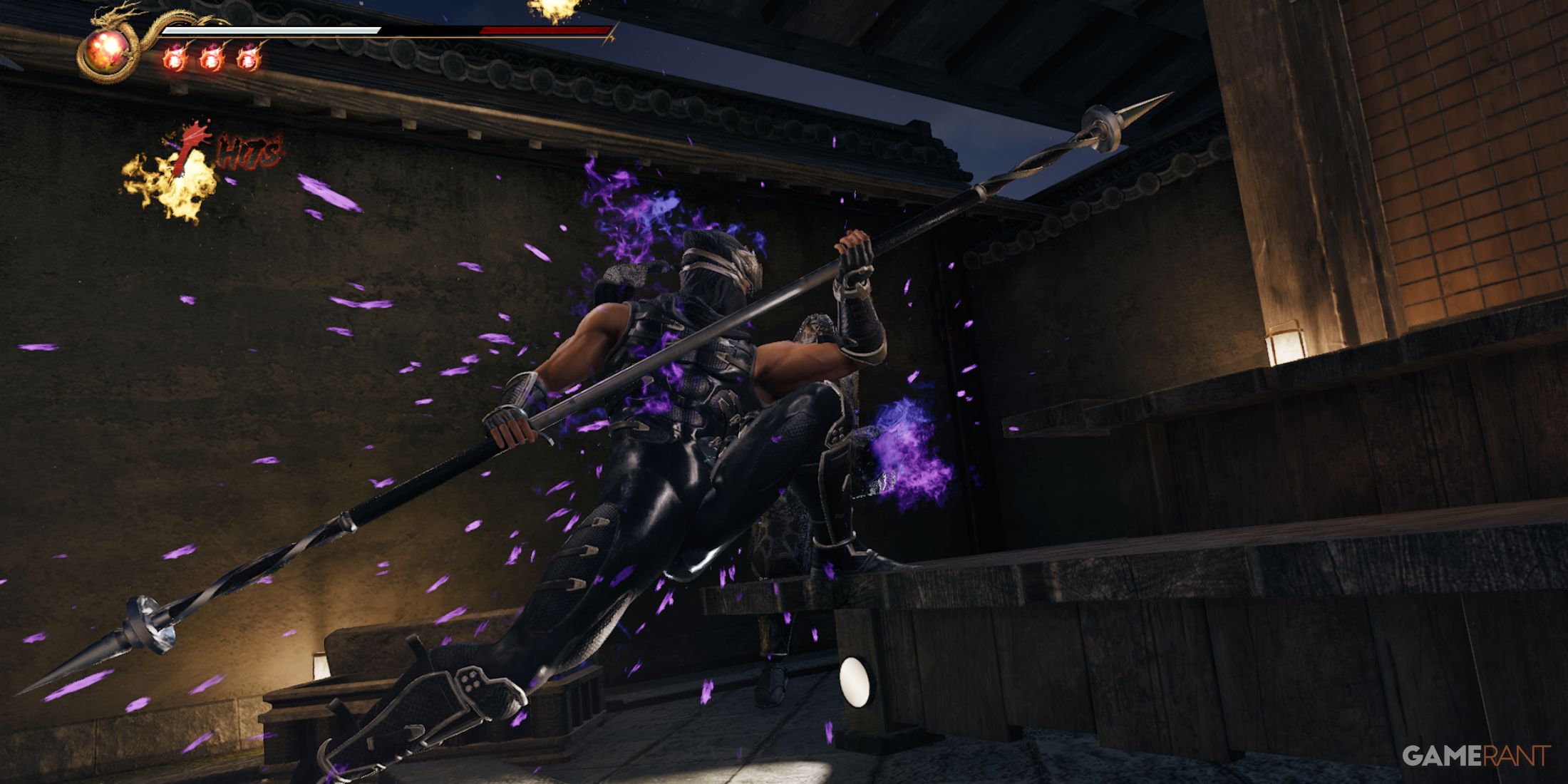 Ryu Hayabusa using the Lunar Staff in an intense purple-flamed combo in Ninja Gaiden 2 Black