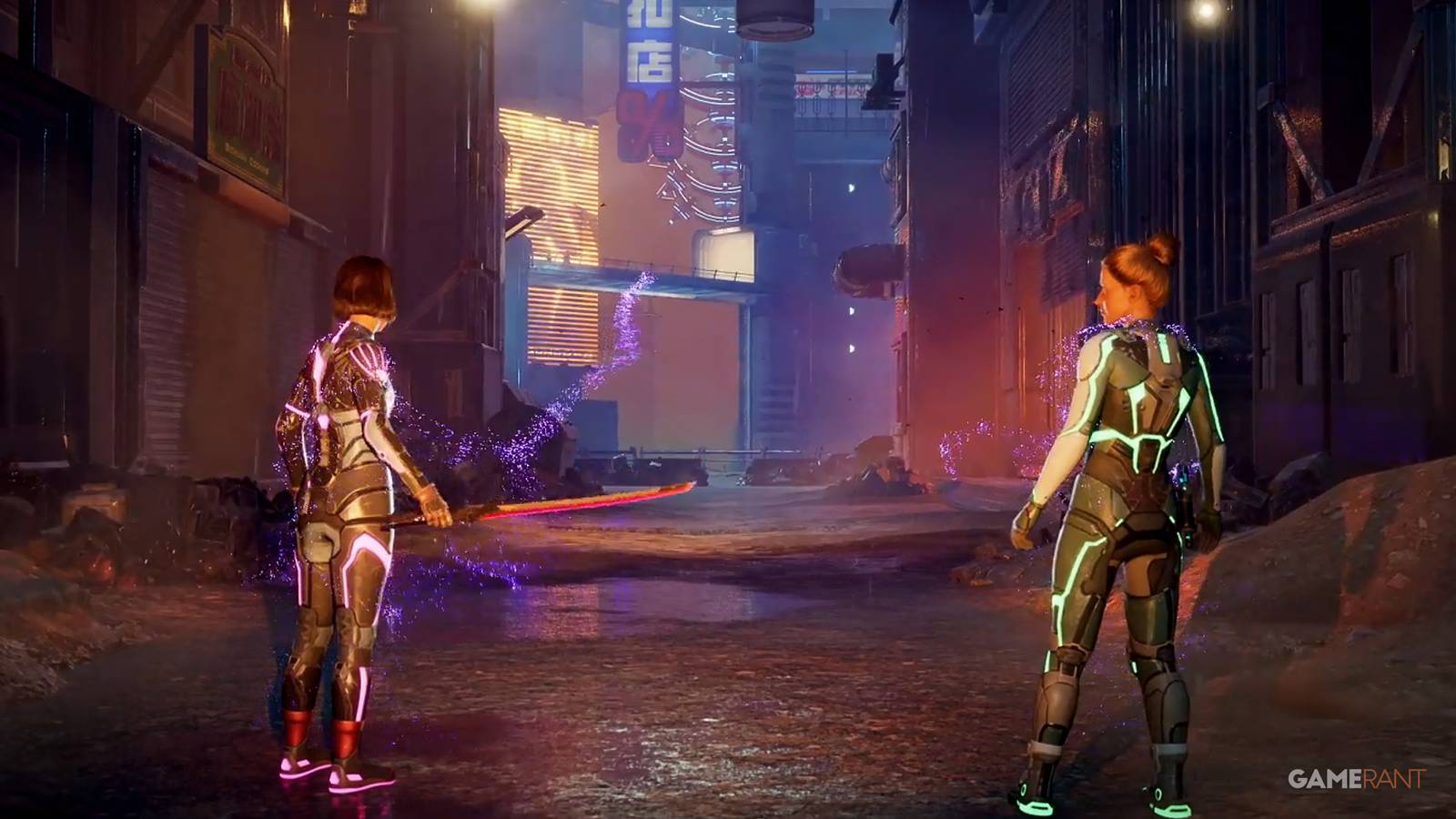 Split Fiction Cyberpunk city 2x1 composite image