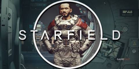 Starfield character posing with hands on hips behind white variant of game logo teal corners 2x1 composite