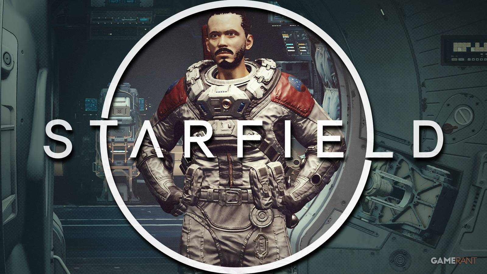 Starfield character posing with hands on hips behind white variant of game logo teal corners 2x1 composite