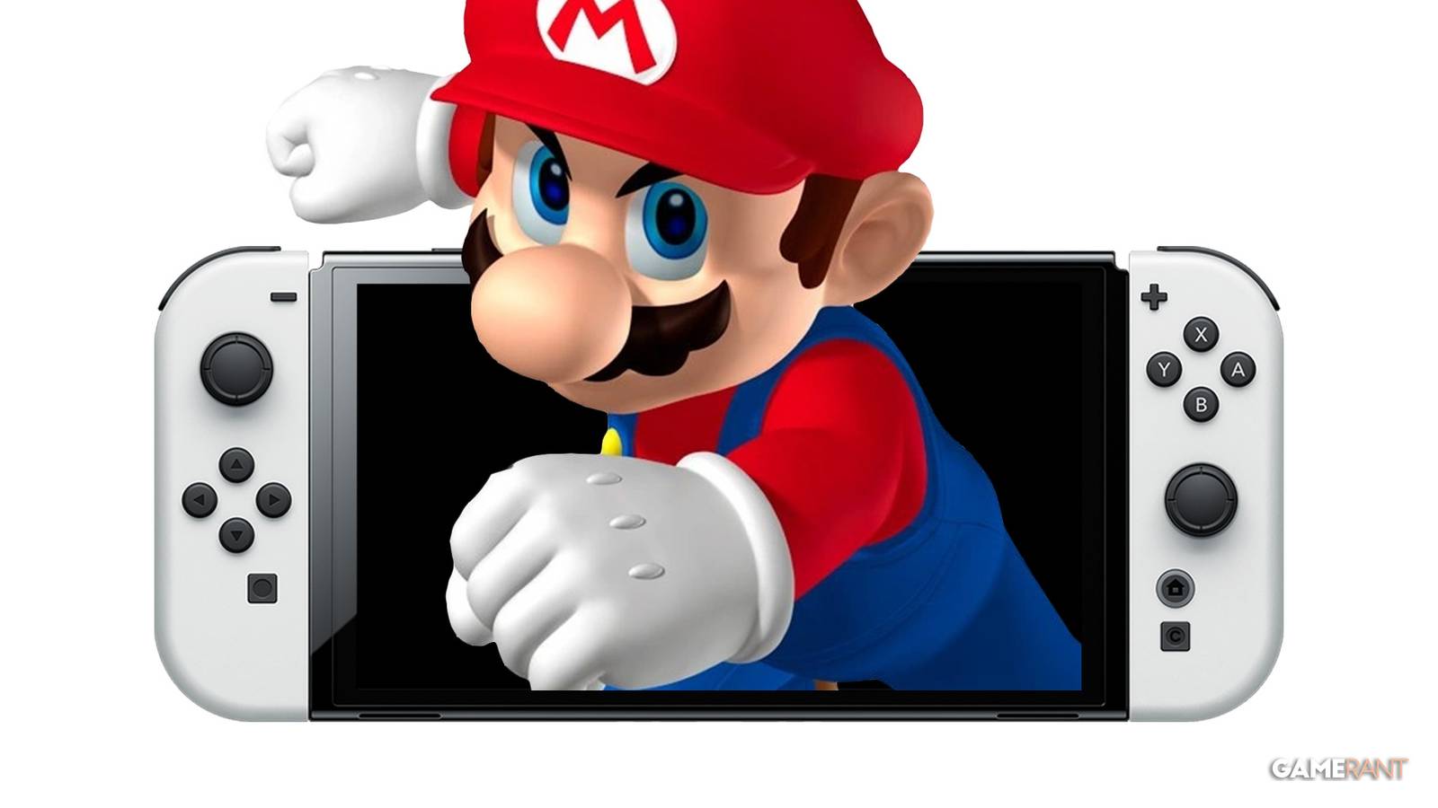 Super Mario exiting mockup Nintendo Switch 2 display getting ready to throw a punch 2x1 composite white background
