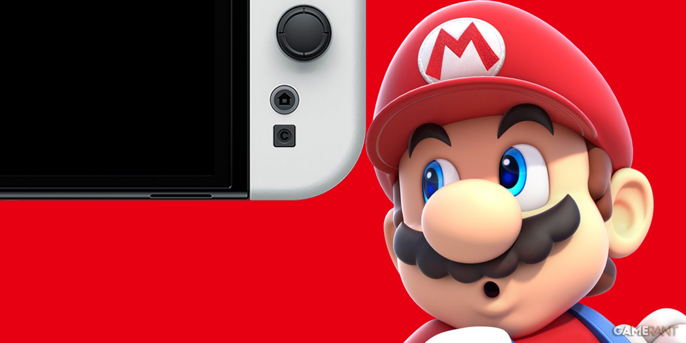 Super Mario looking at Nintendo Switch 2 C Campus button mockup 2x1 composite red background