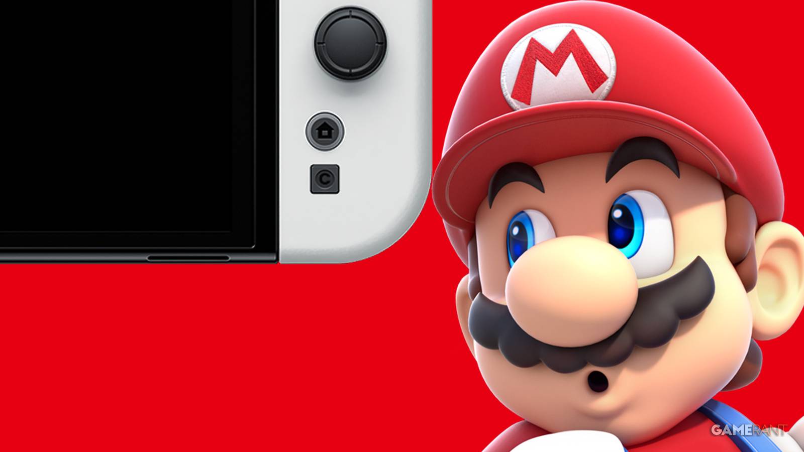 Super Mario looking at Nintendo Switch 2 C Campus button mockup 2x1 composite red background