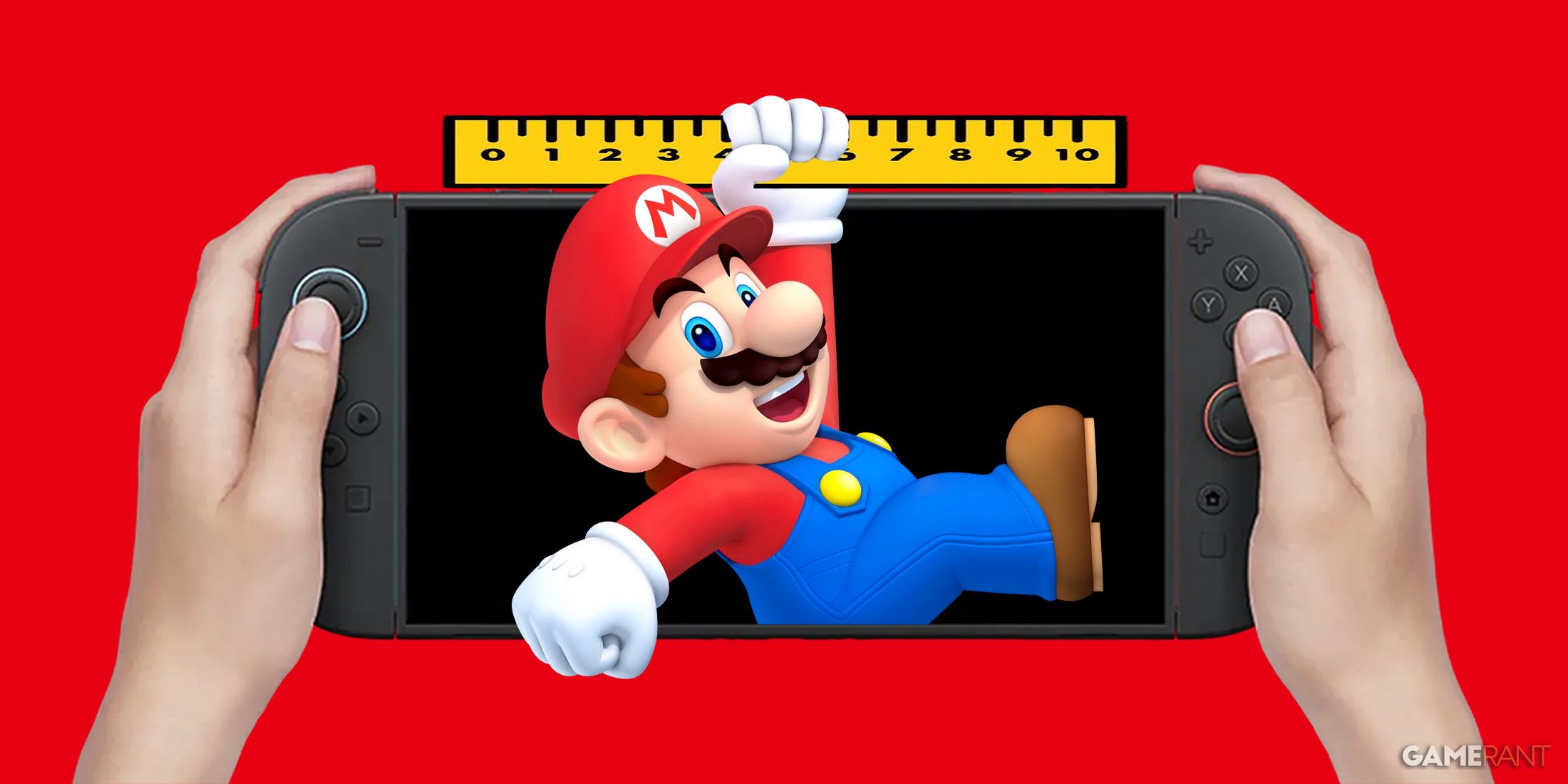 Super Mario measuring hand-held Nintendo Switch 2 on red background 2x1 composite image