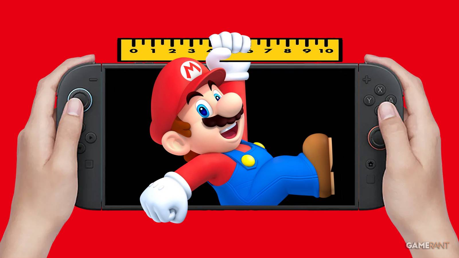 Super Mario measuring hand-held Nintendo Switch 2 on red background 2x1 composite image
