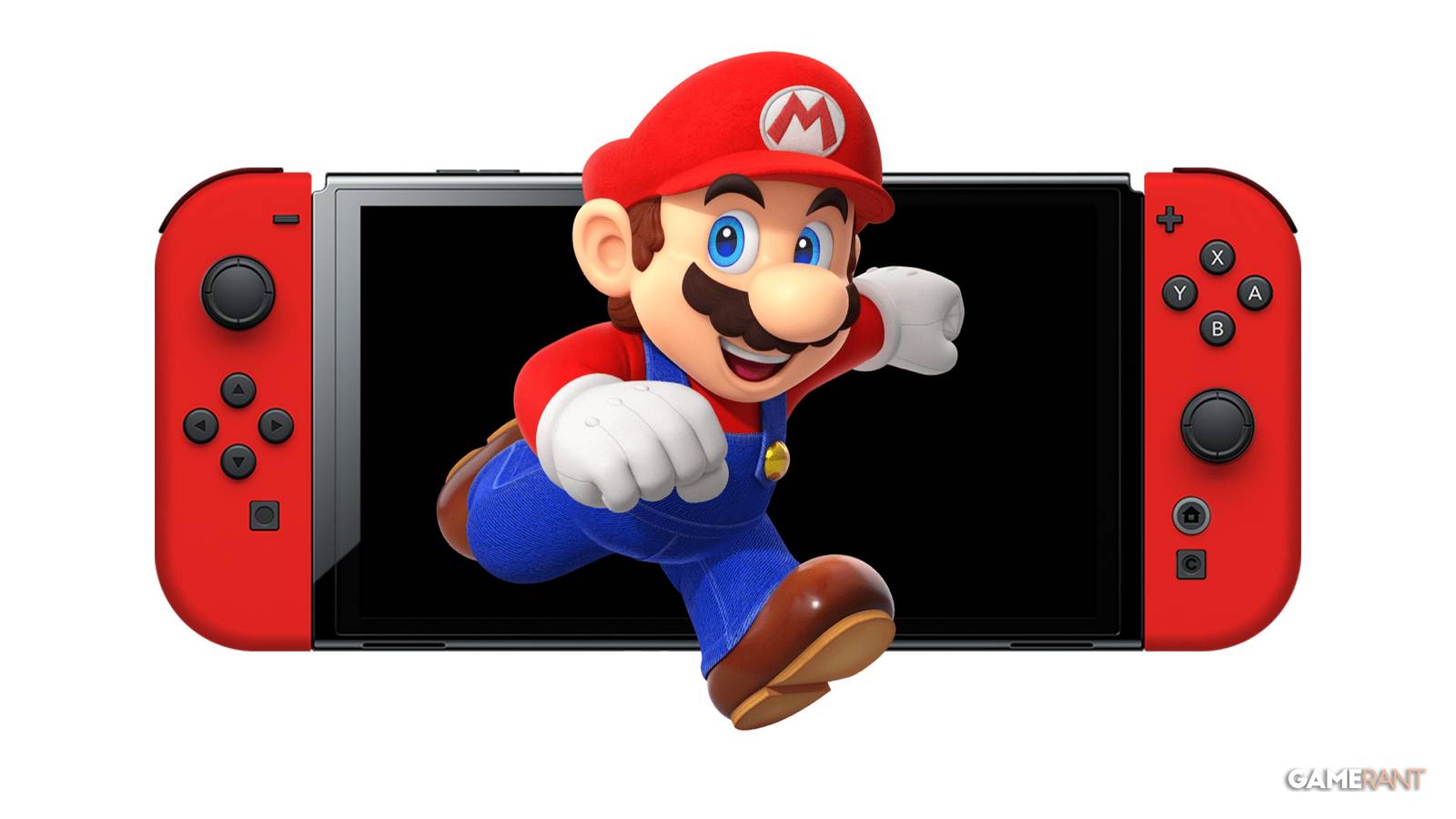 Super Mario running outside of Nintendo Switch 2 mockup white background 2x1 composite