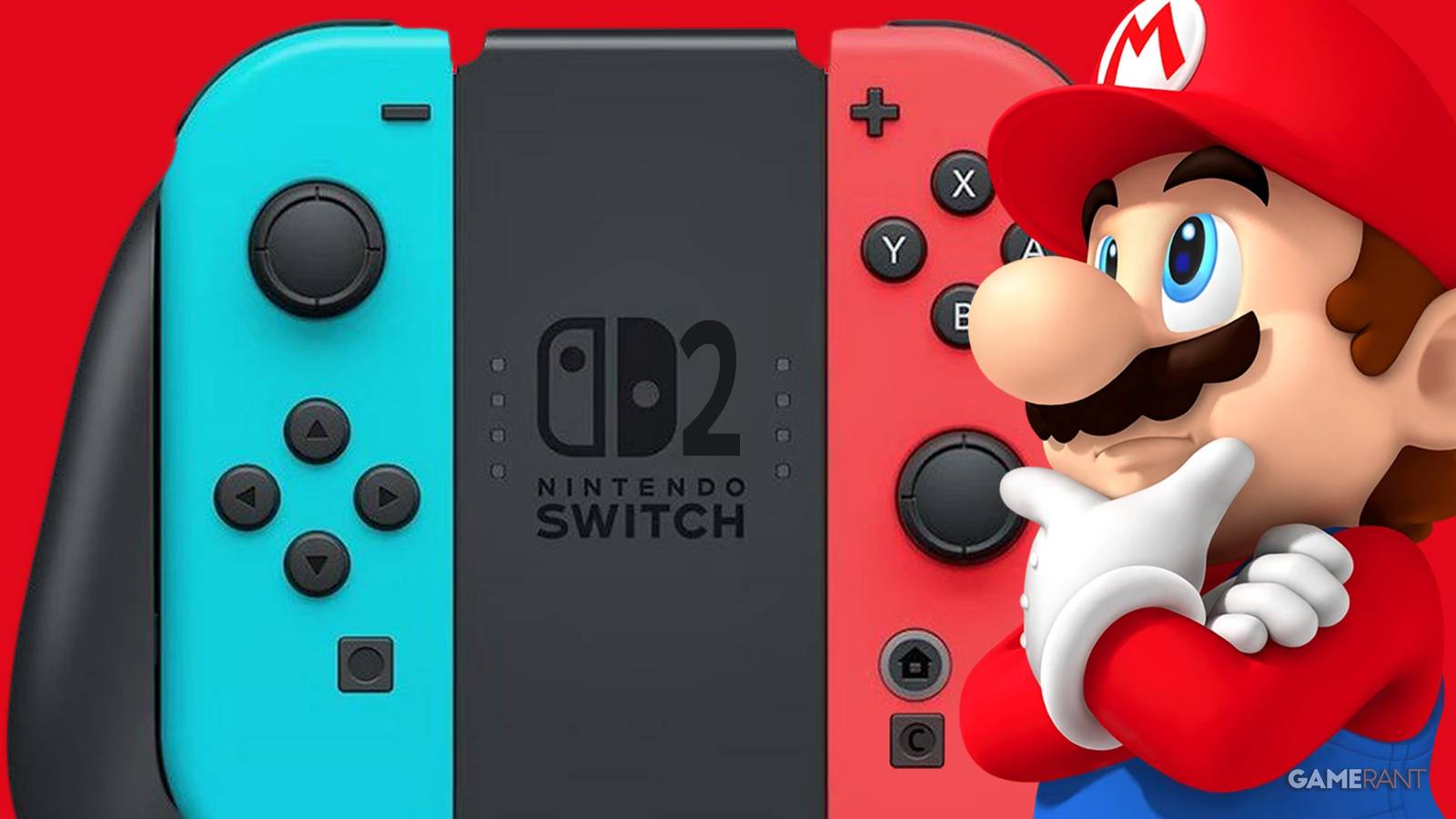 Super Mario thinking next to Switch 2 Joy-Cons in grip 2x1 composite red background
