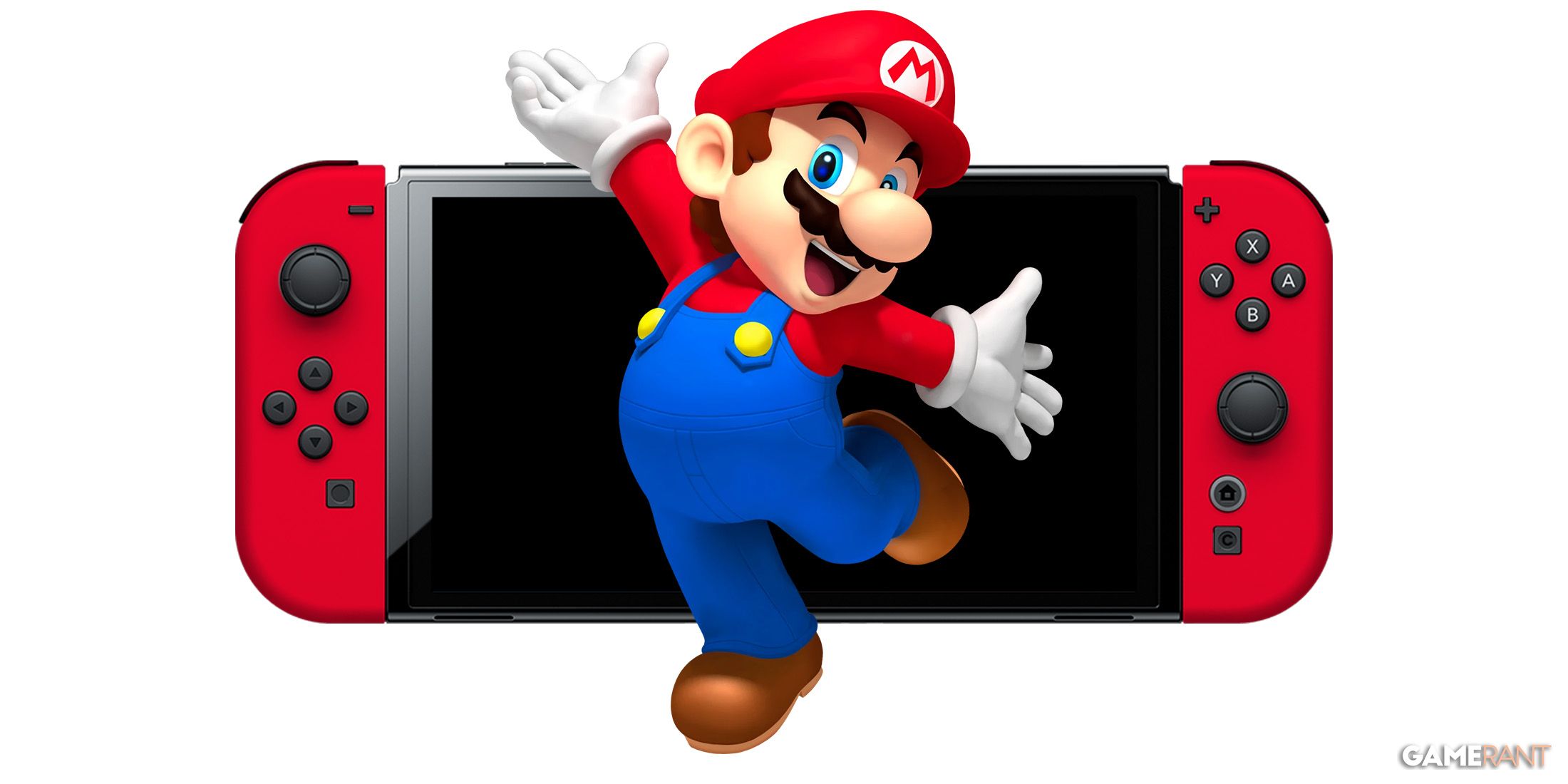 Super Mario walking out of Nintendo Switch 2 mockup display on white background 2x1 composite