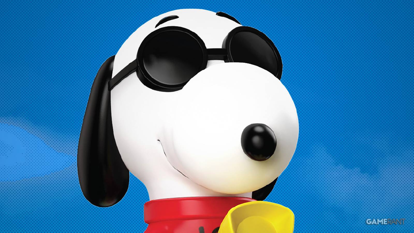 Super7 Peanuts Snoopy as Joe Cool Vinyl figure close-up blue dot halftone background 2x1 crop