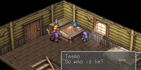 Teepo, Rei, and Ryu discussing a mysterious figure, showcasing Teepo's role in Breath of Fire 3.