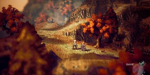 Temeno and Crick exploring an autumn trail, showcasing Crick's brief role in Octopath Traveler 2