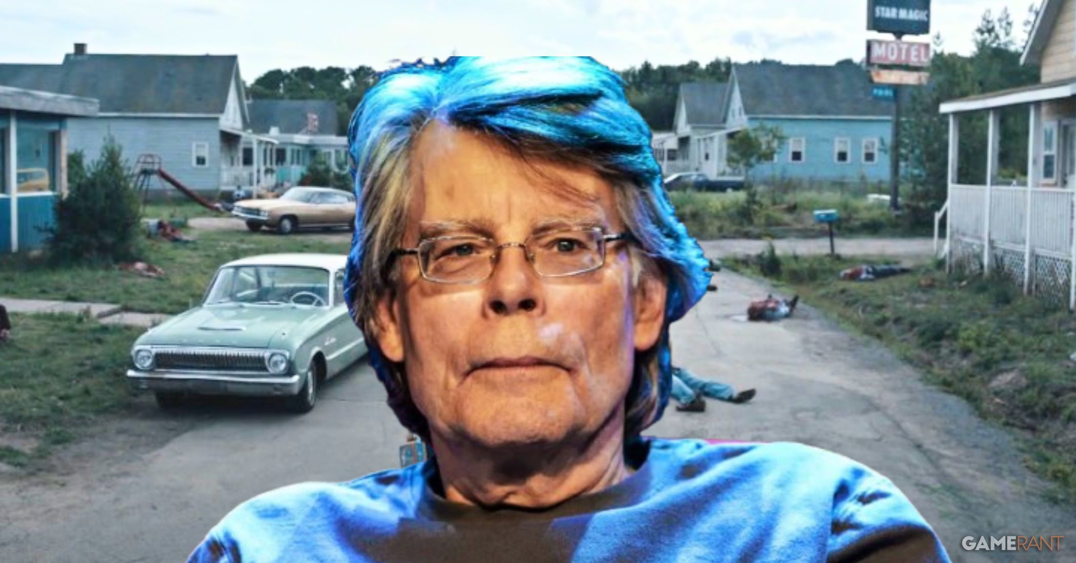 Stephen King in front of FROM tv series background