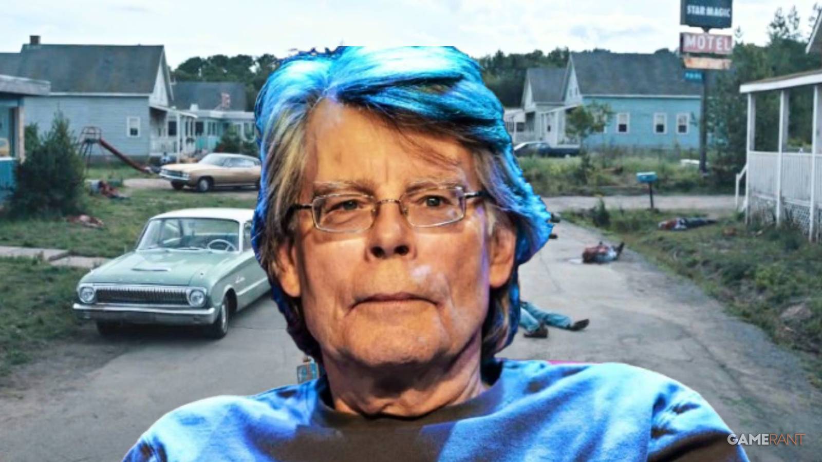 Stephen King in front of FROM tv series background