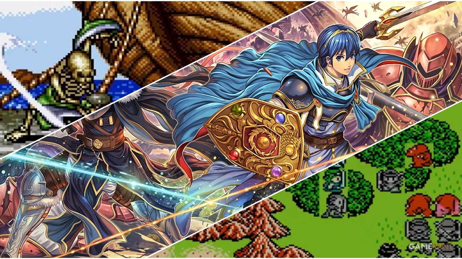 A Collage Featuring Key Art & Key Frames From Fire Emblem Shadow Dragon & The Blade Of Light, Shining Force The Sword Of Hajya, & Just Breed