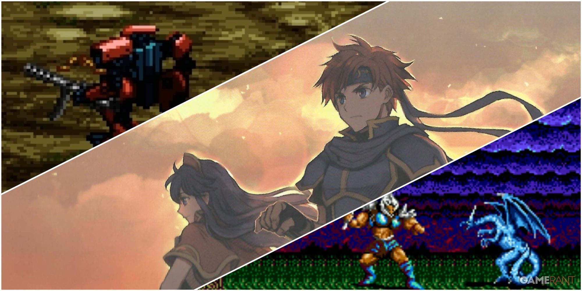 A Collage Featuring Key Art & Key Frames From Fire Emblem The Blazing Blade, Master Of Monsters, & Front Mission