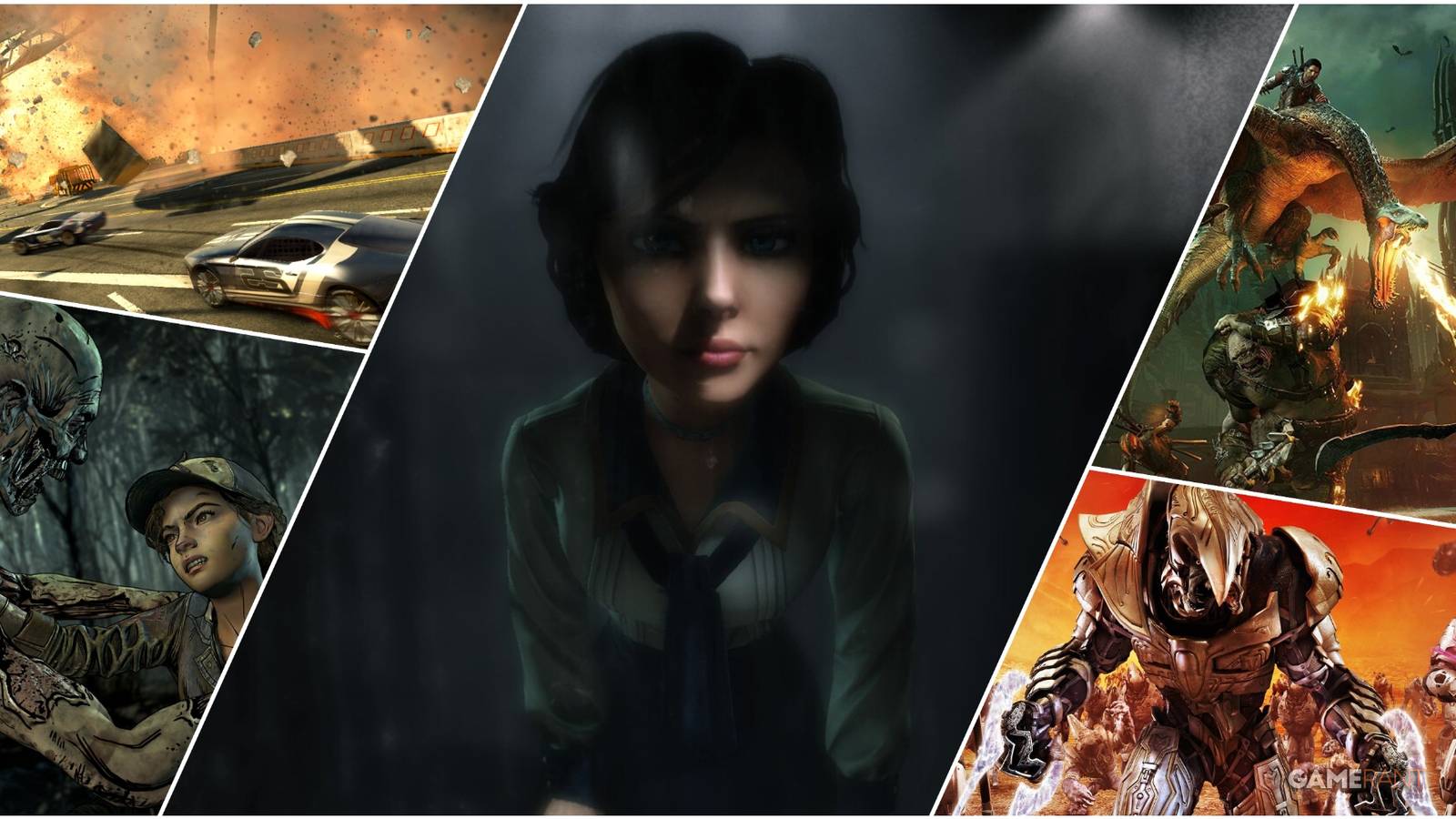 A Collage Of Key Art & Key Frames From Bioshock Infinite, Halo Wars, The Walking Dead, Split Second, & Middle Earth Shadow Of War