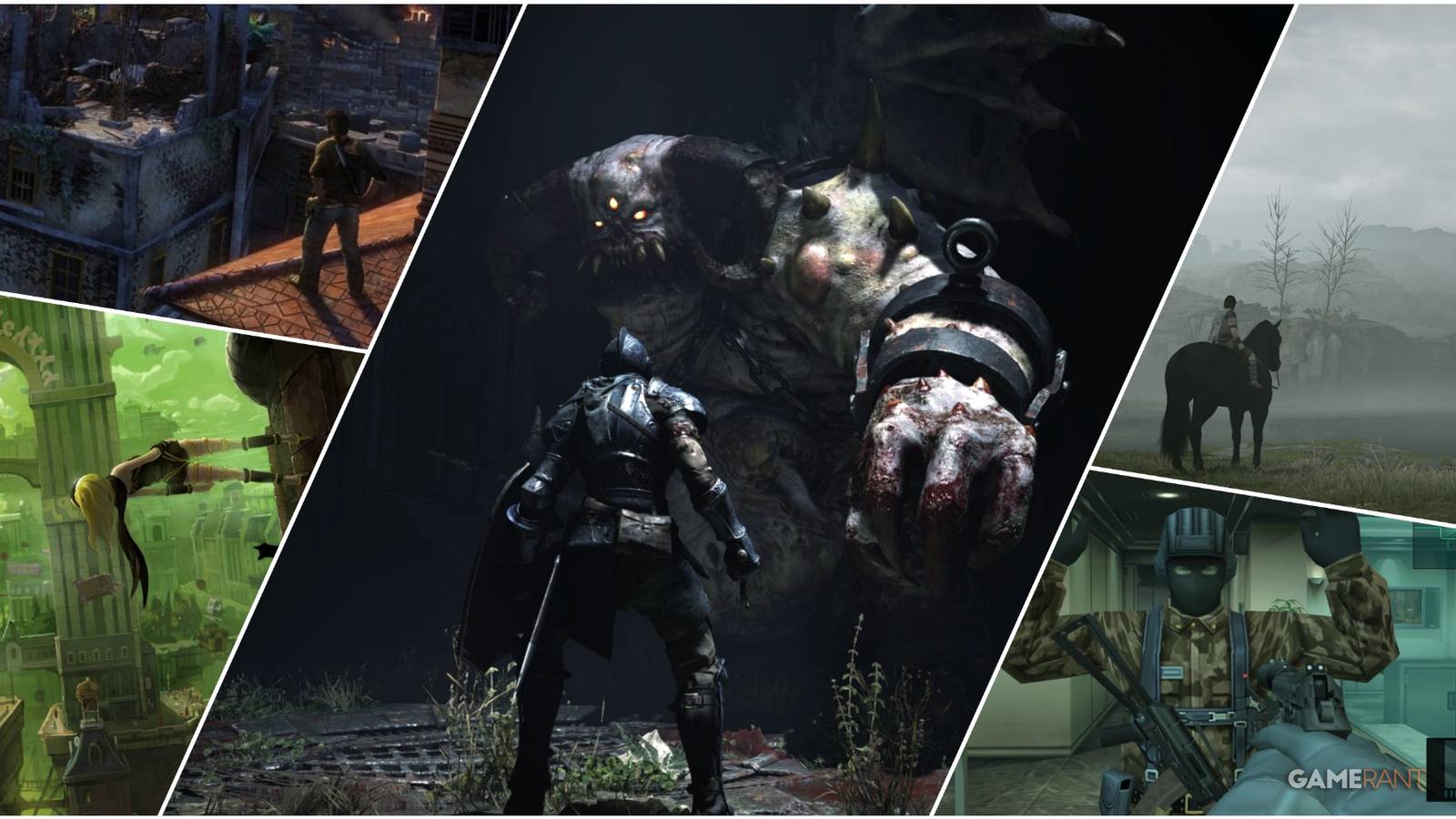 A Collage Of Key Art & Key Frames From Demon's Souls, Gravity Rush, Uncharted, Shadow Of The Colossus, & Metal Gear Solid