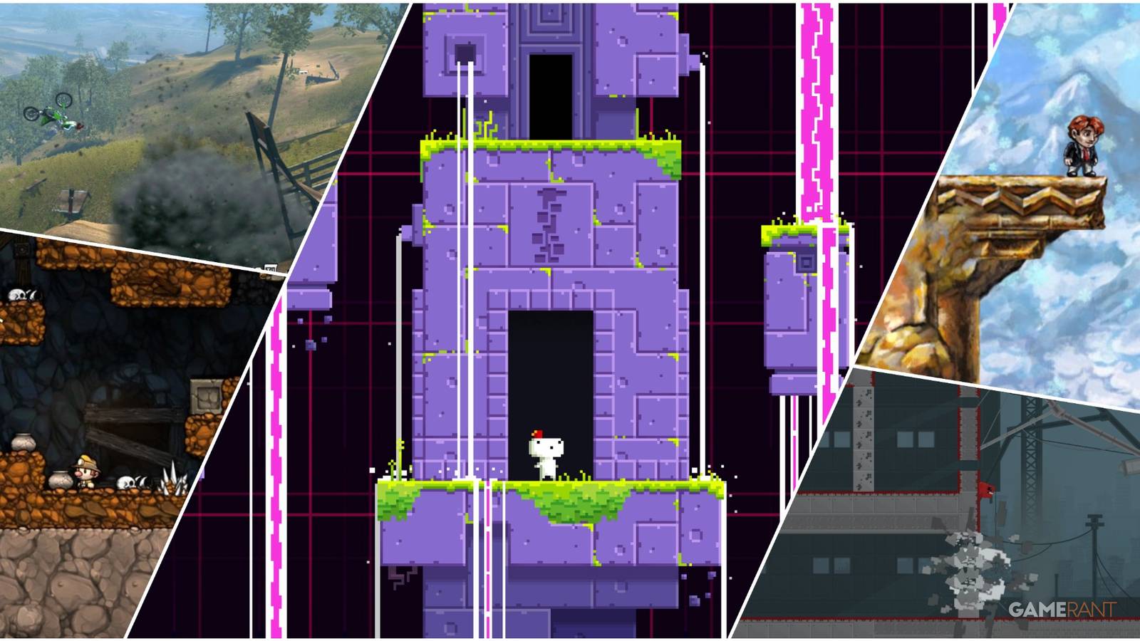 A Collage Of Key Art & Key Frames From Fez, Spelunky, Super Meat Boy, Braid, & Trials Evolutions