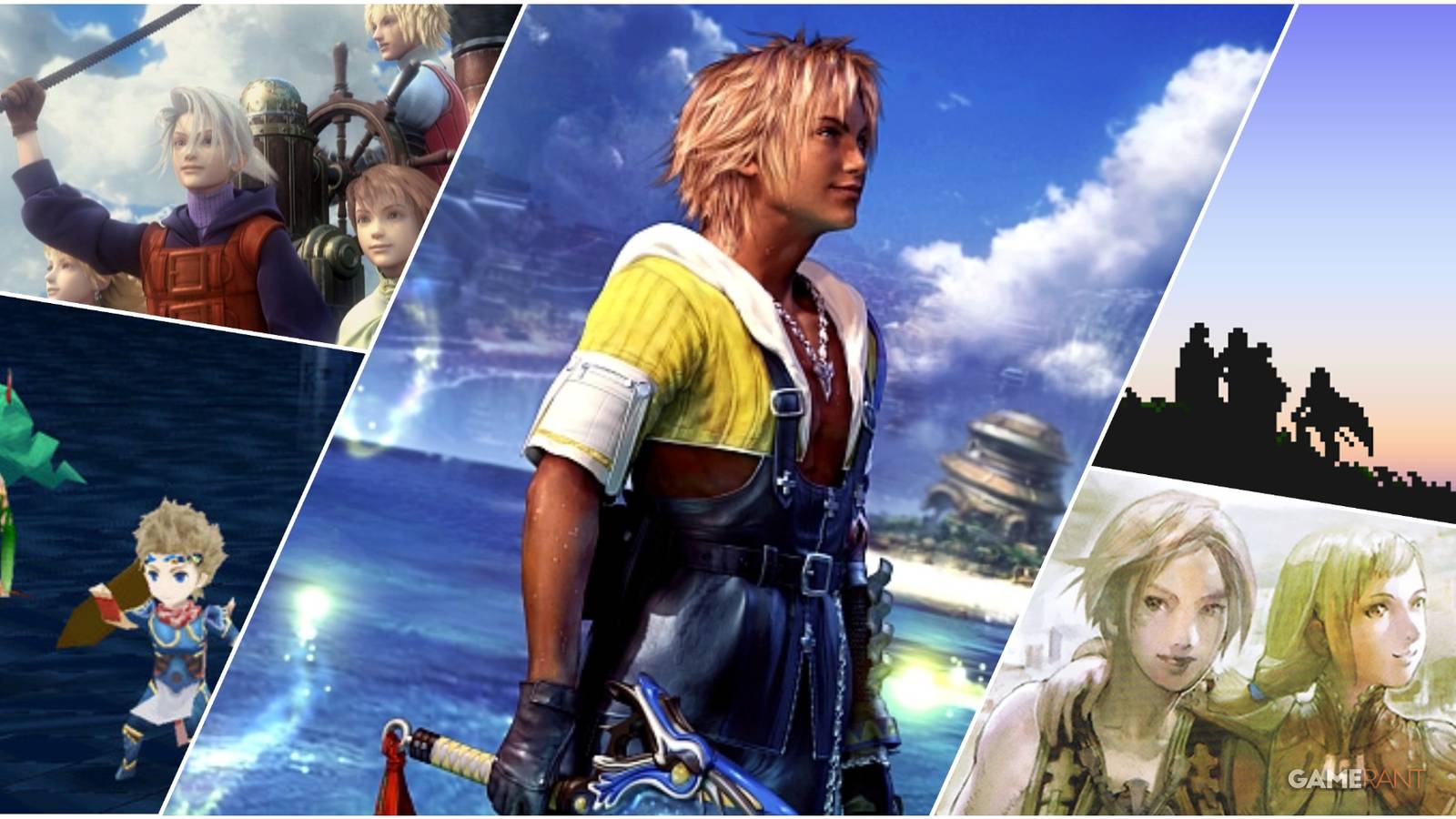 A Collage Of Key Art & Key Frames From Final Fantasy 10, Final Fantasy 1, Finla Fantasy 4 The After Years, & Final Fantasy 12