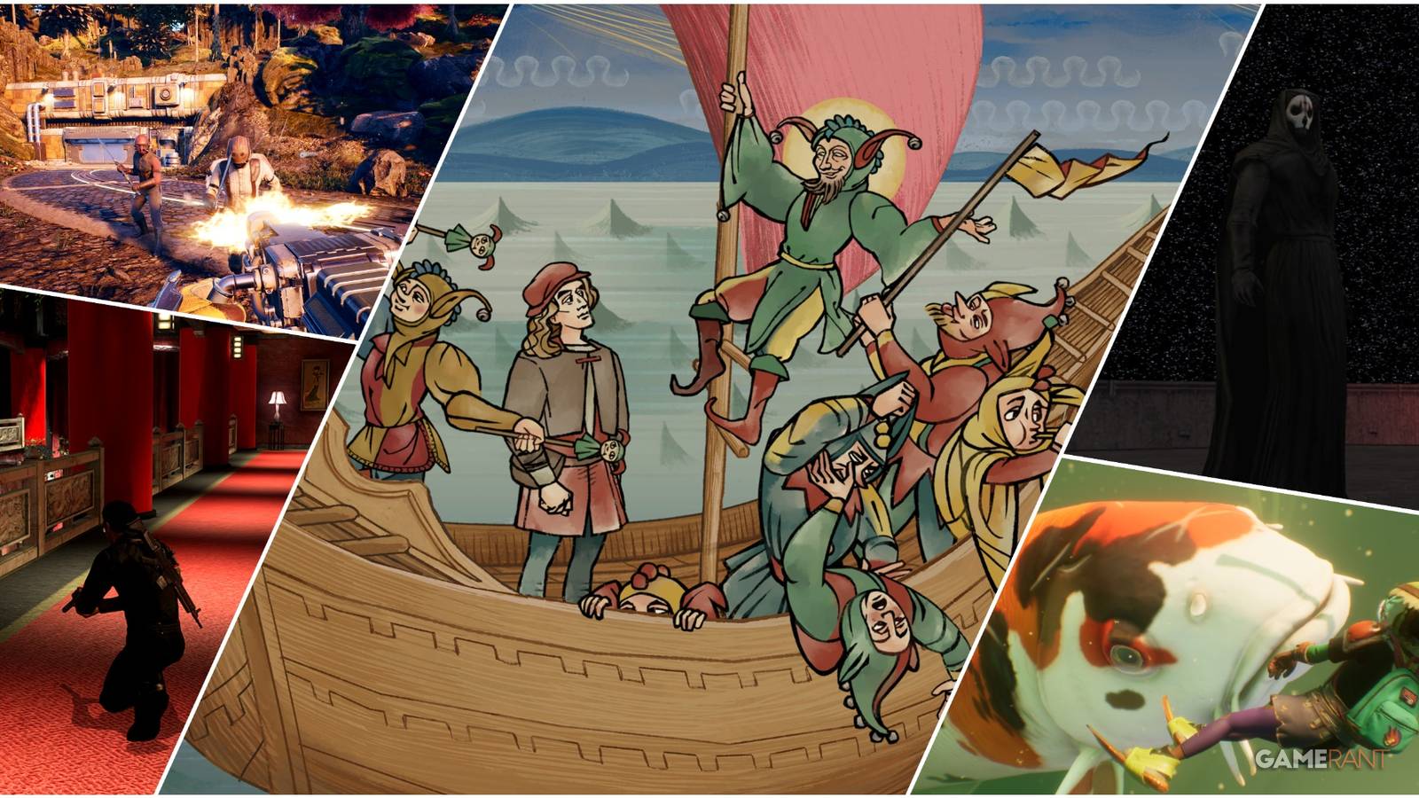 A Collage Of Key Art & Key Frames From Grounded, Alpha Protocol, Pentiment, The Outer Worlds, & Knights Of The Old Republic 2