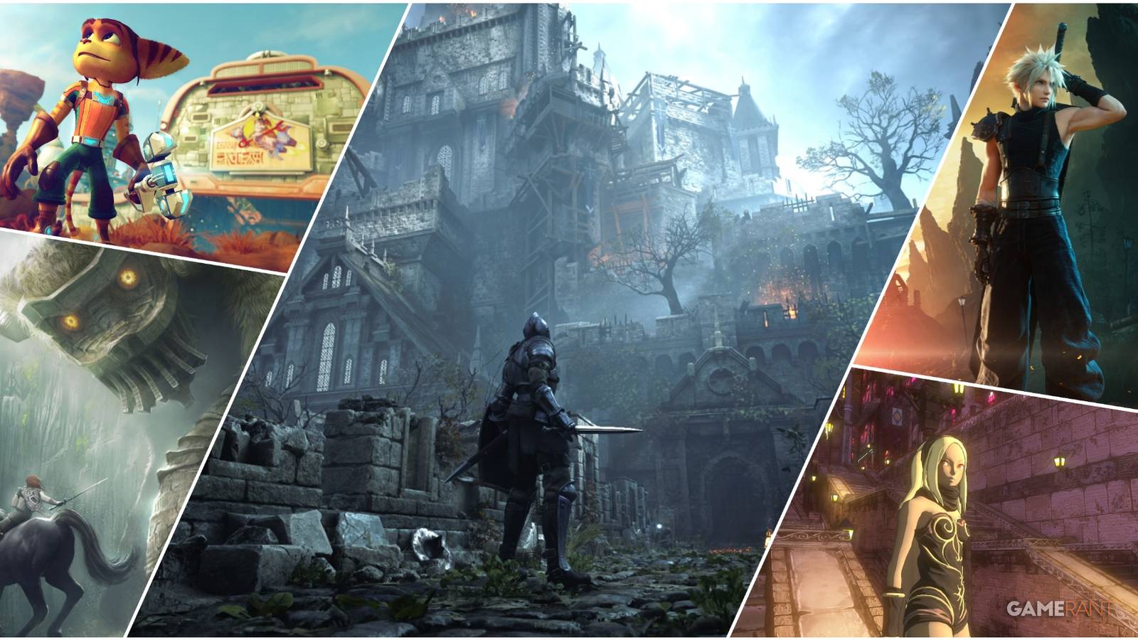 A Collage Of Key Art & Key Frames From Ratchet & Clank, Shadow Of The Colossus, Gravity Rush, Final Fantasy 7 Rebirth, & Demon's Souls