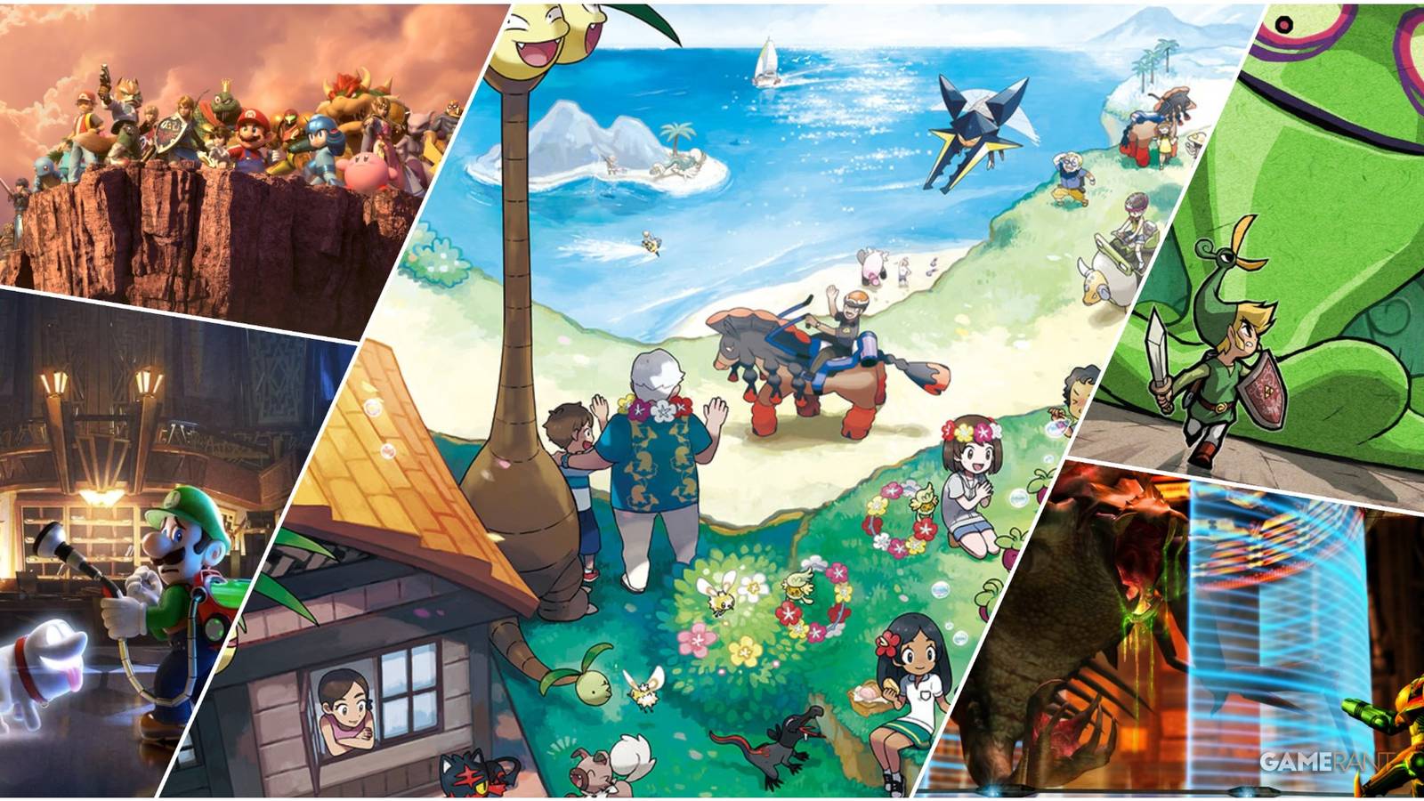 A Collage Of Key Art & Key Frames From Super Smash Bros Ultimate, Luigi's Mansion 3, Metroid Prime, Pokemon Sun & Moon, & The Legend Of Zelda The Minish Cap