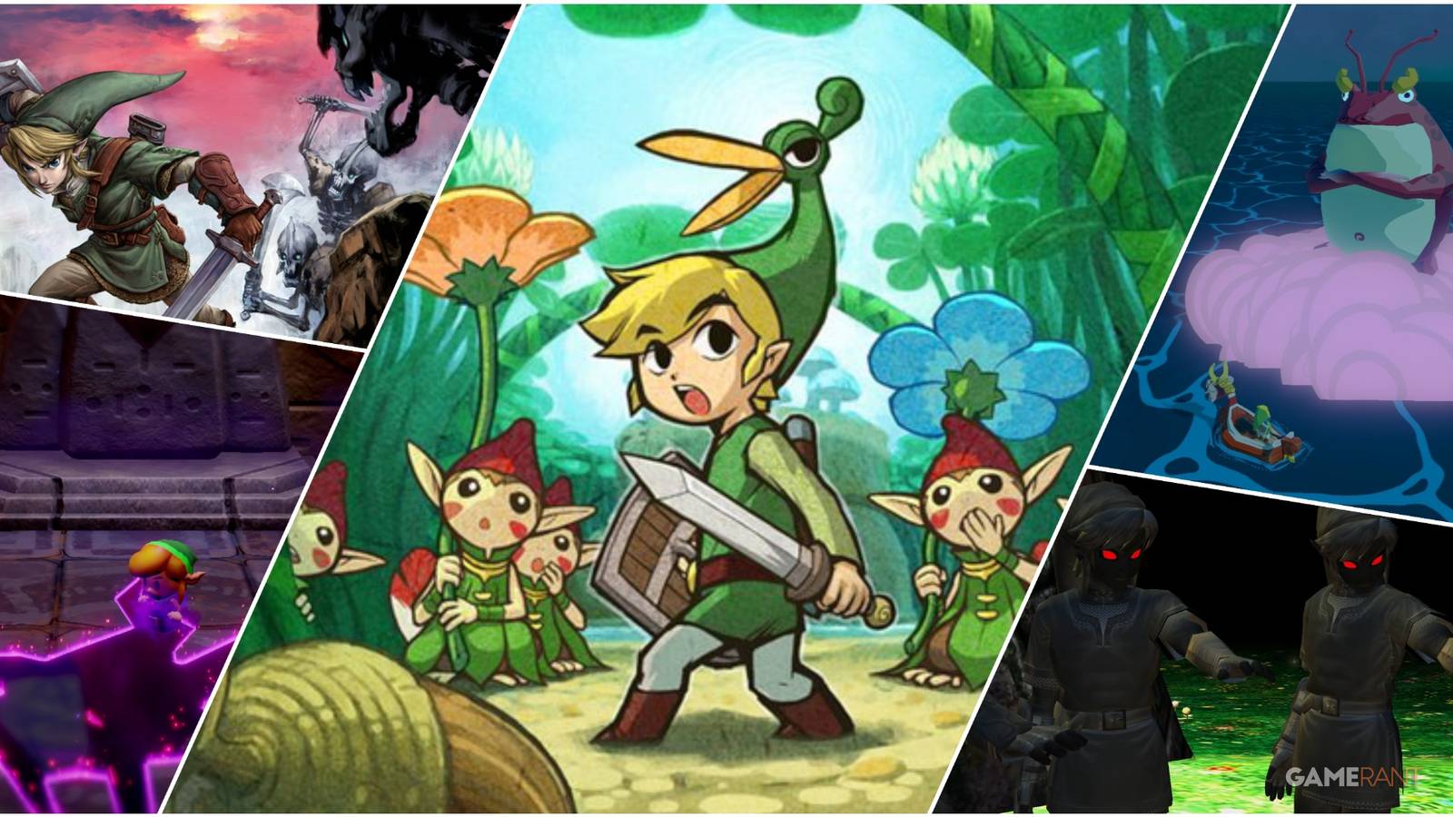 A Collage Of Key Art & Key Frames From The Legend Of Zelda Twilight princess, Echoes Of Wisdom, The Wind Waker, & The Minish Cap