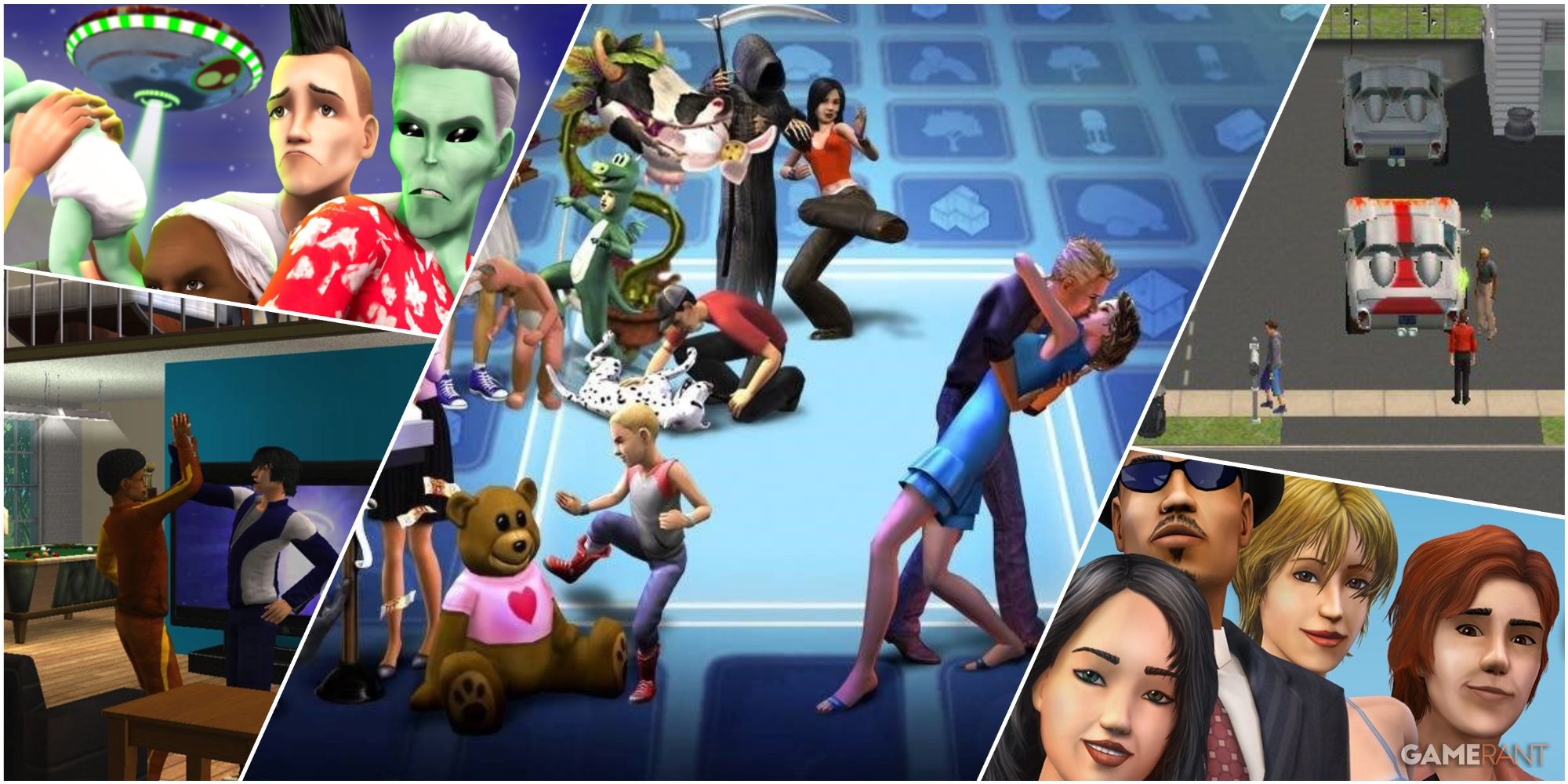 A Collage Of Key Art & Key Frames From The Sims 2 Showing Characters In A Variety Of Situations