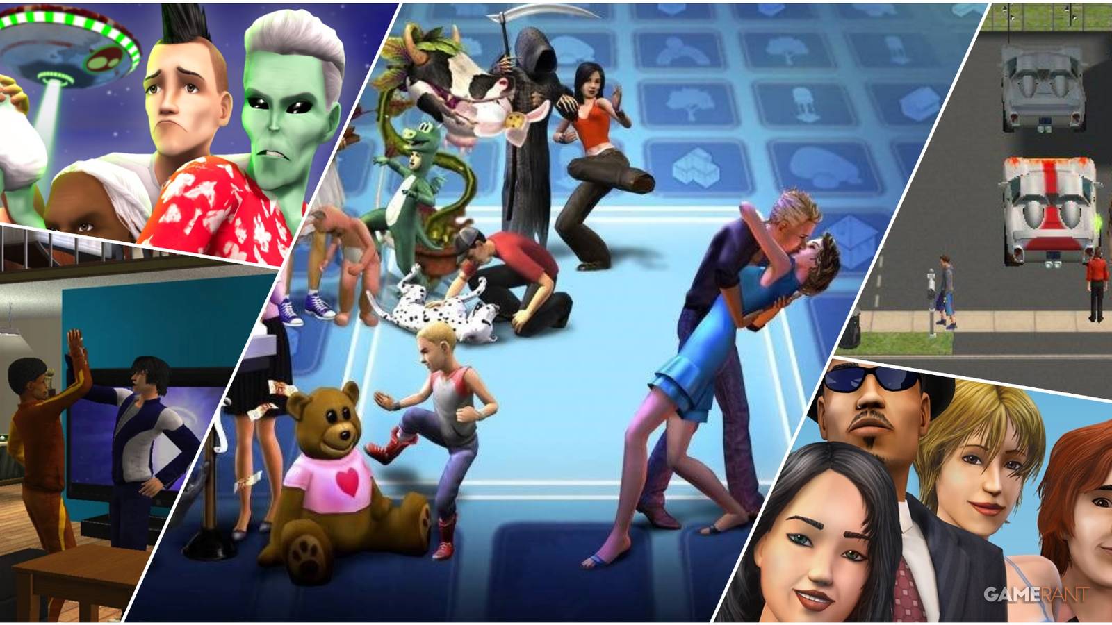 A Collage Of Key Art & Key Frames From The Sims 2 Showing Characters In A Variety Of Situations