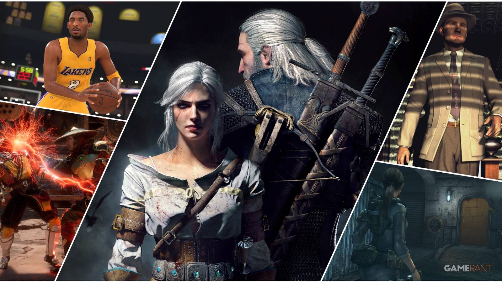 A Collage Of Key Art & Key Frames From The Witcher 3, NBA 2K24, L.A. Noire, Mortal Kombat 11, & Resident Evil Revelations