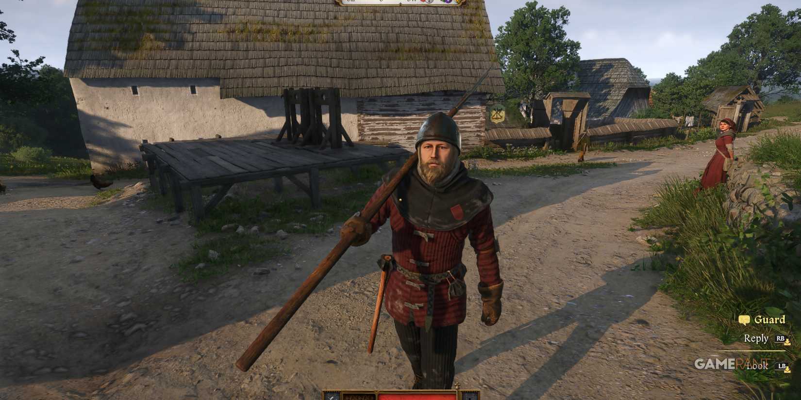 A town guard approaches Henry in a rural village in Kingdom Come Deliverance 2