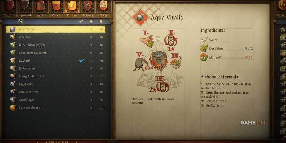 Aqua Vitalis slows bleeding and restores health, one of the best potions in Kingdom Come Deliverance 2