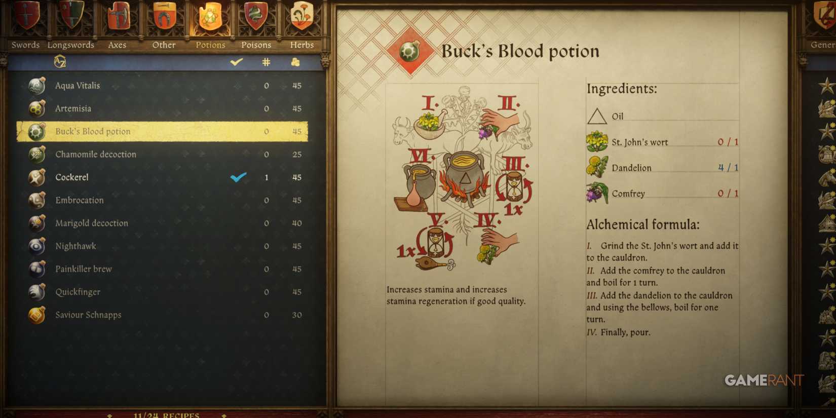 Buck’s Blood improves stamina regeneration, a top pick for the best potions in Kingdom Come Deliverance 2