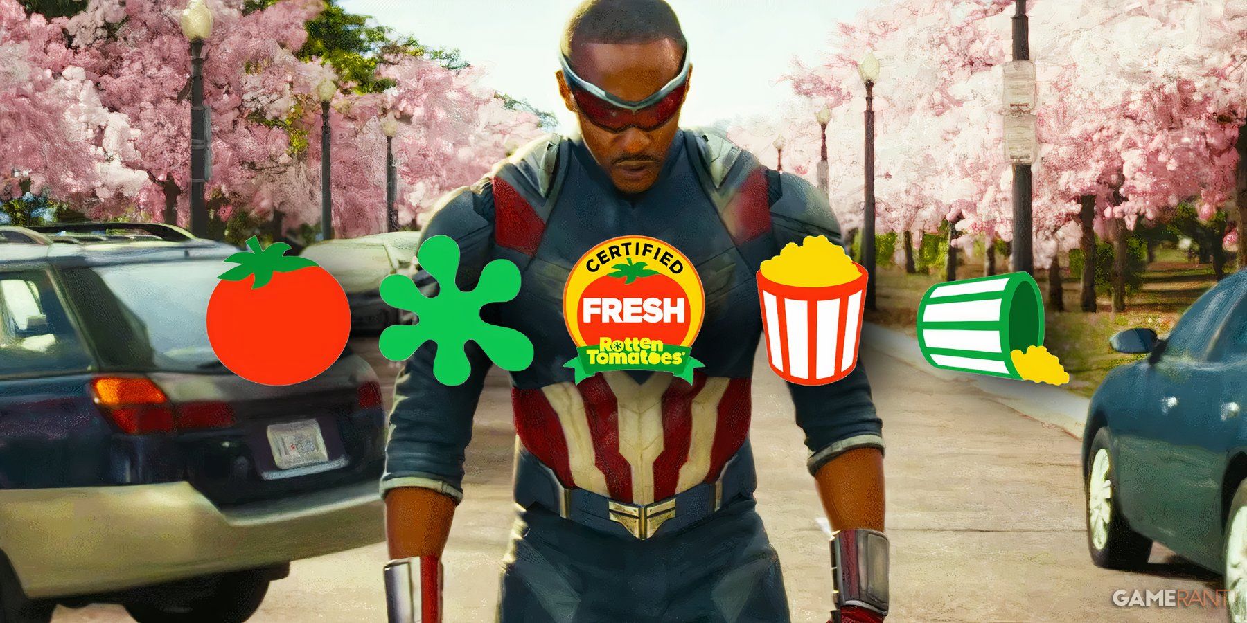 anthony mackie as sam wilson in captain america: brave new world, rotten tomatoes logos