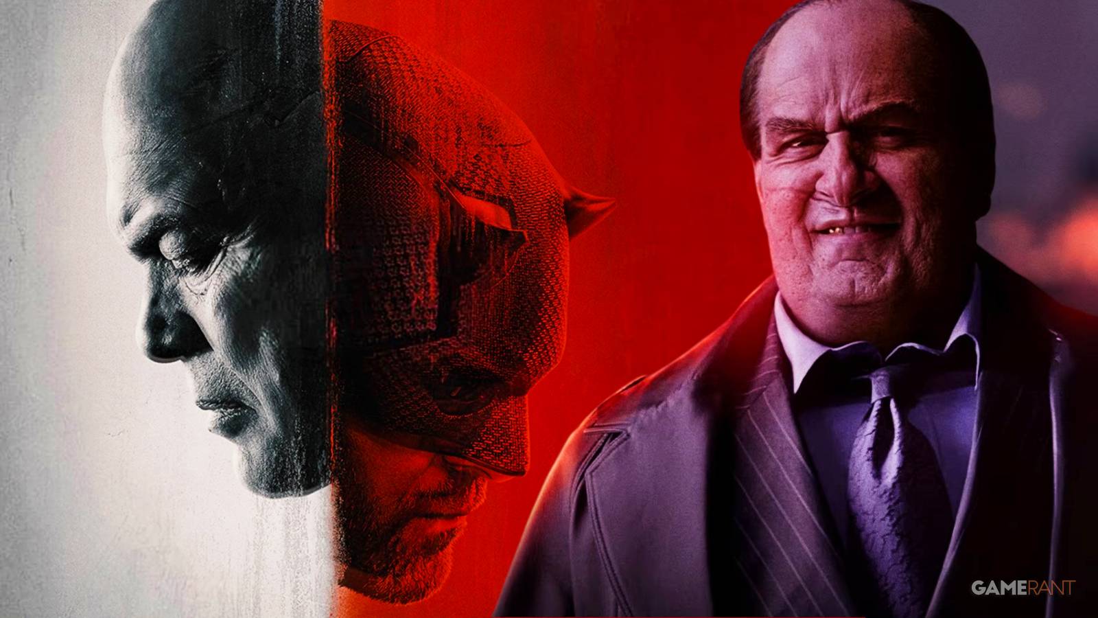 charlie cox and vincent d'onofrio as matt murdock and wilson fisk in daredevil born:again, colin farrell as oswald cobb in the penguin