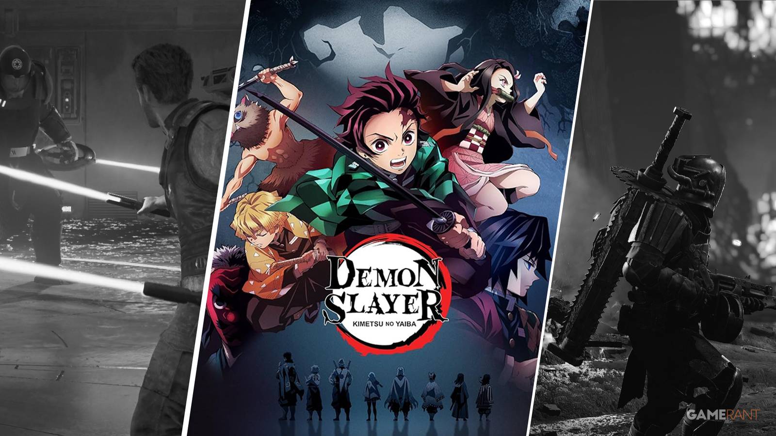 Demon Slayer official art next to screenshots of soulslite game examples