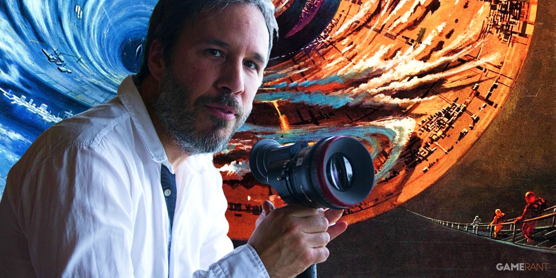 denis villeneuve holding a camera on set, rendezvous with rama sci-fi novel cover art