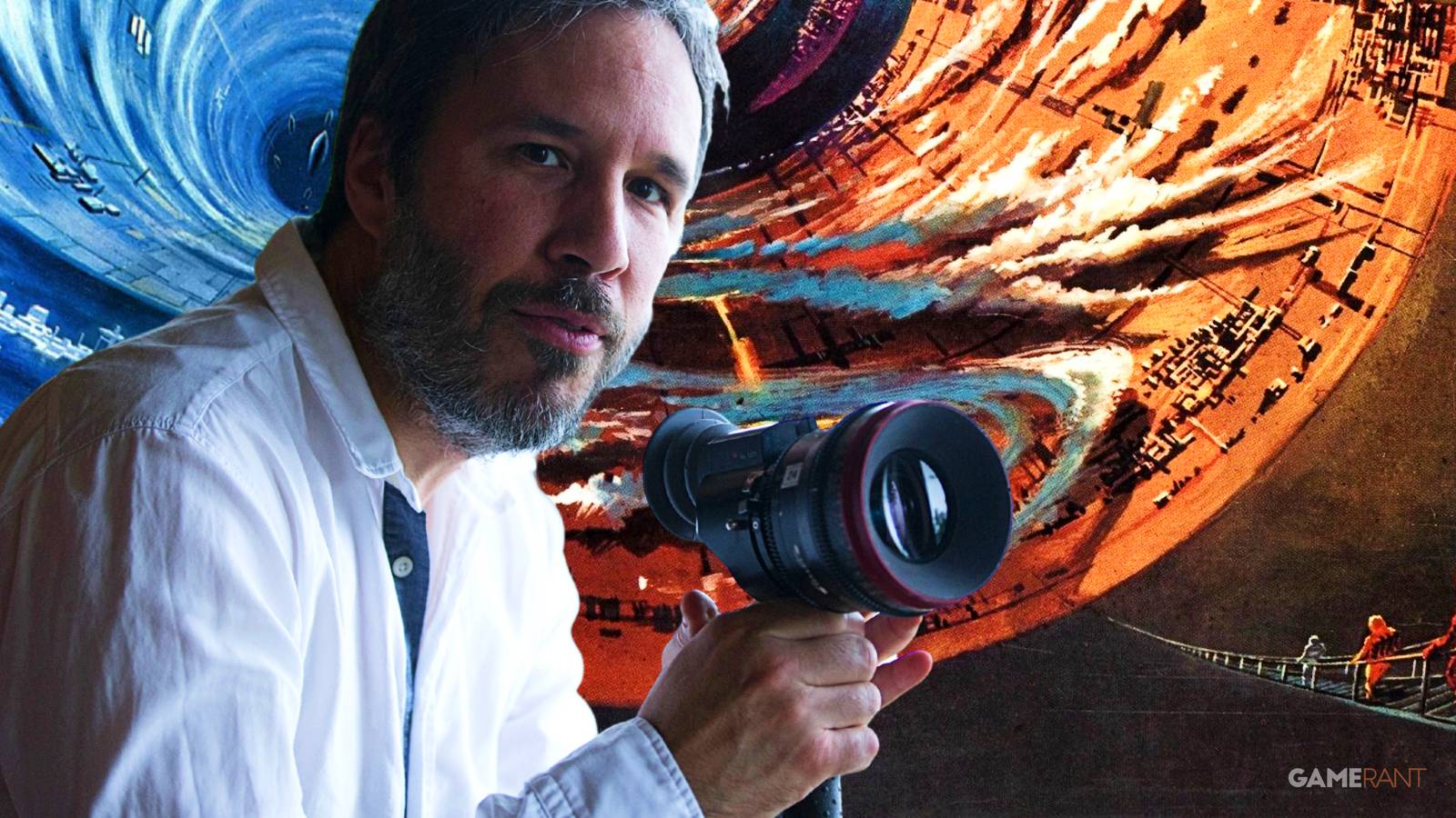 denis villeneuve holding a camera on set, rendezvous with rama sci-fi novel cover art