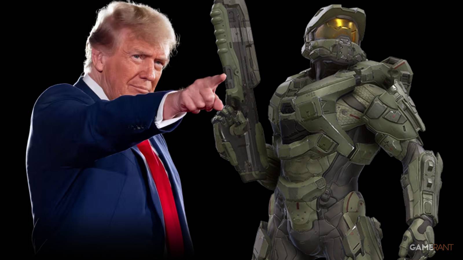 Donald Trump pointing toward something next to Halo Master Chief black background 2x1 composite