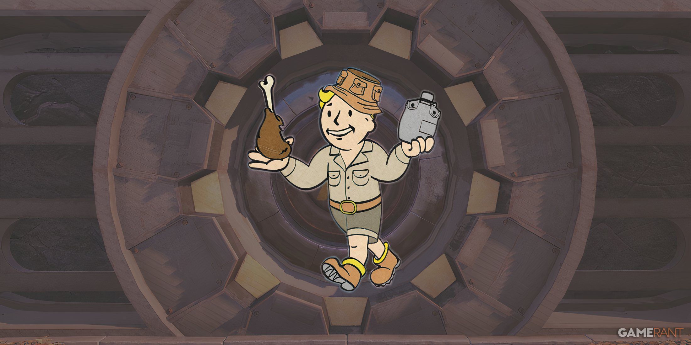 Fallout 76 Vault 76 with Vault Boy Thru Hiker Endurance Perk Card Art edit GAMERANT